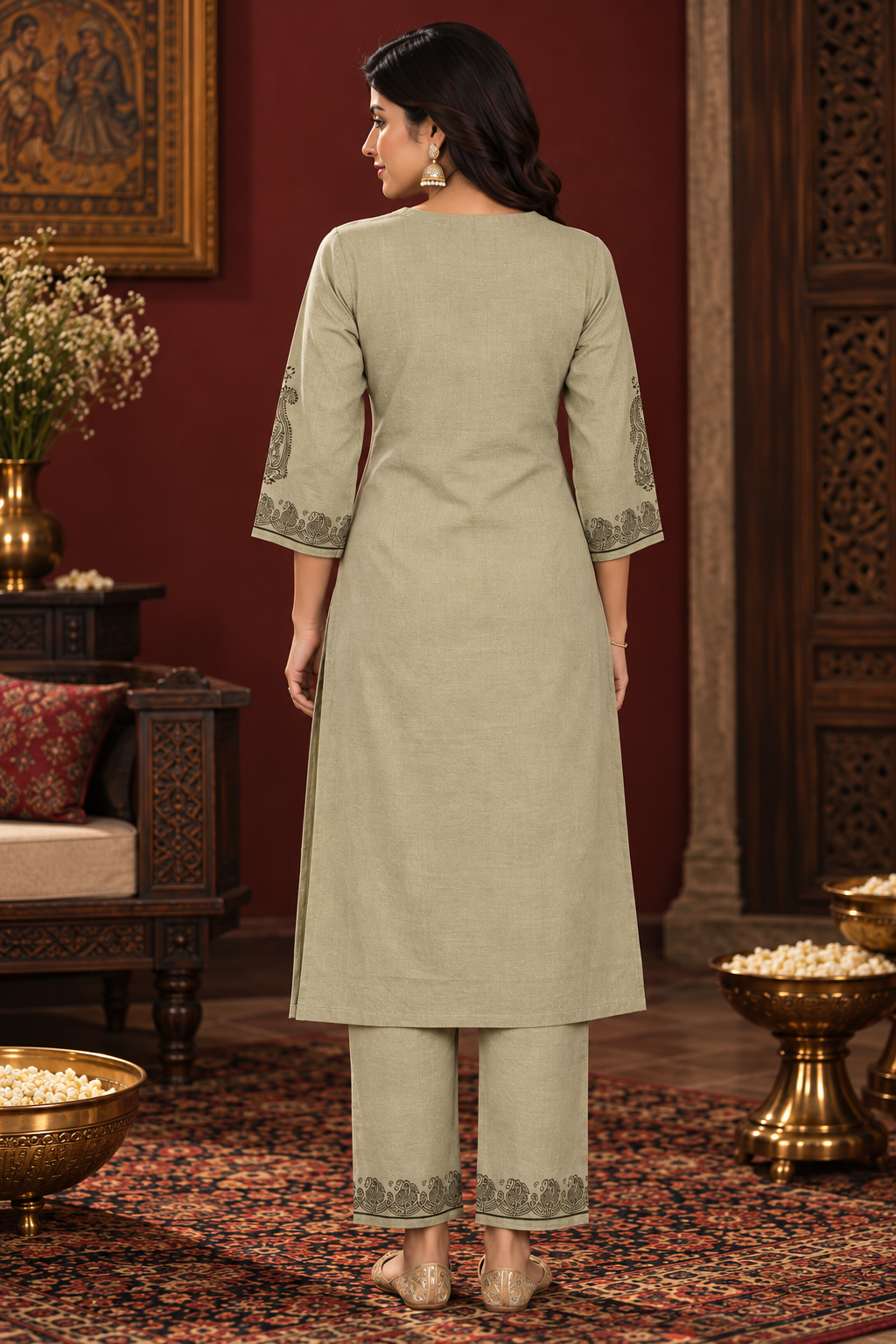 Sage beige straight kurta with paisley print and V-slit neckline