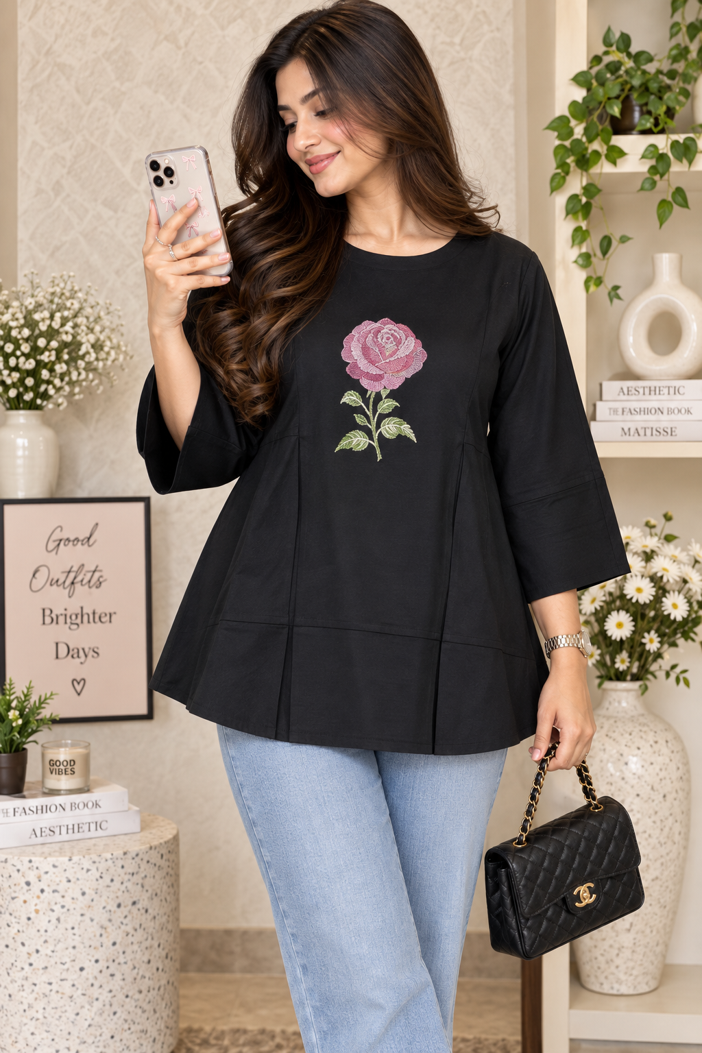 Black rose embroidered peplum top for women