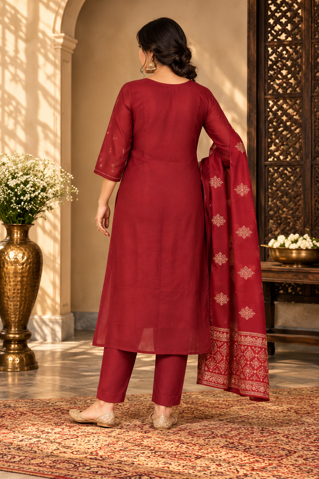 Maroon straight kurta with embroidered neckline and traditional motifs