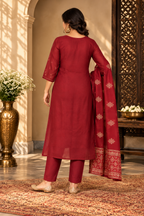 Maroon straight kurta with embroidered neckline and traditional motifs