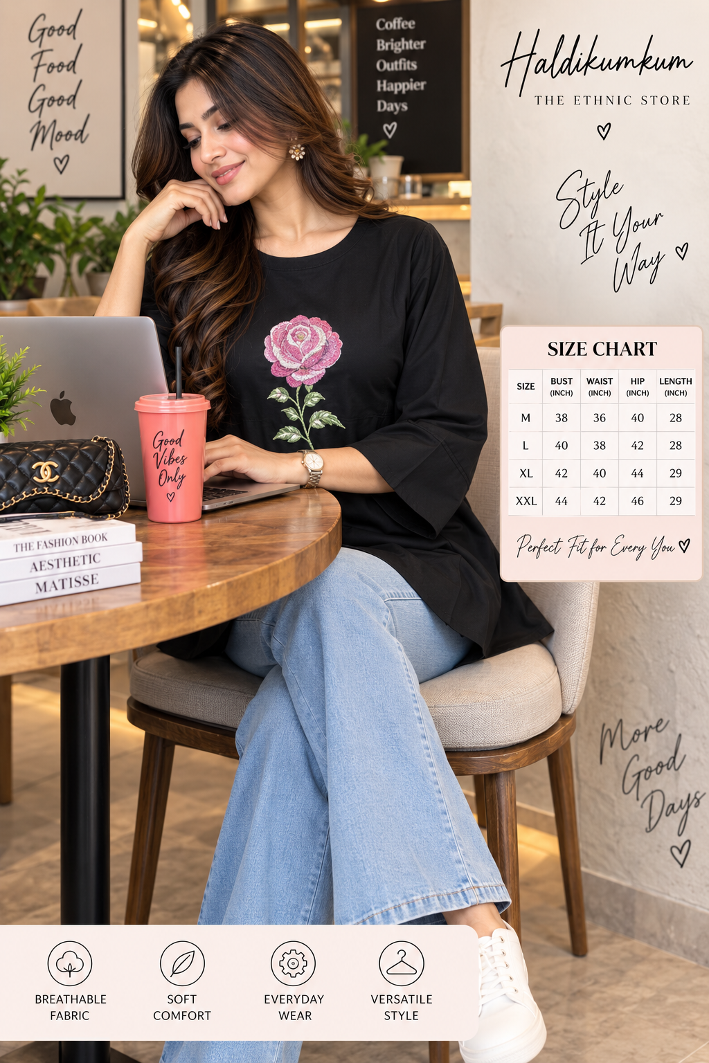 Black floral embroidered peplum top with round neckline and flared silhouette
