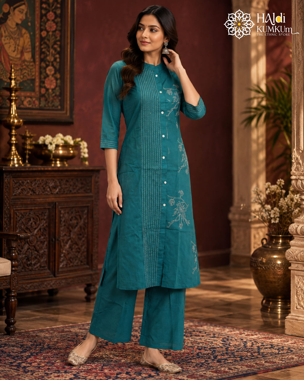 Teal green embroidered kurta pant set for women with floral detailing
