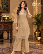Beige embellished kurta palazzo set for women with V-neck detailing