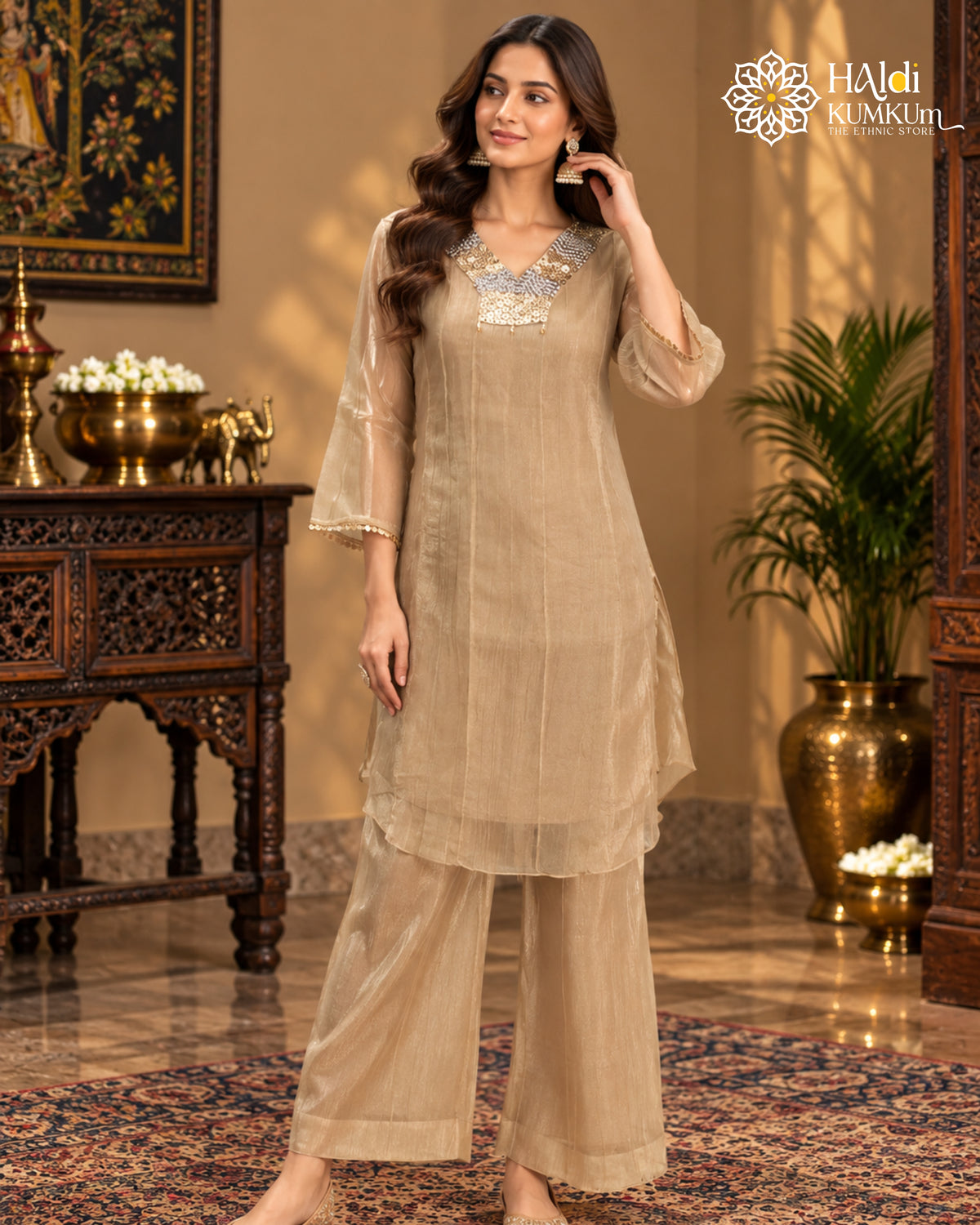 Beige embellished kurta palazzo set for women with V-neck detailing
