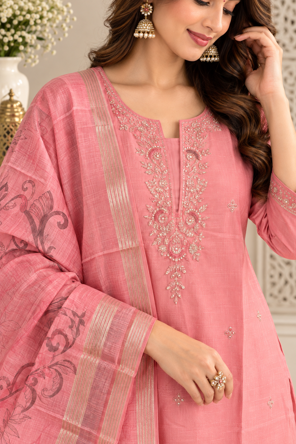 Dusty pink floral embroidered kurta set with printed dupatta for women