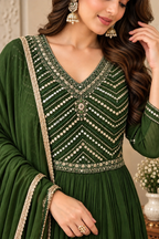 Dark Green Embroidered Anarkali Suit Set