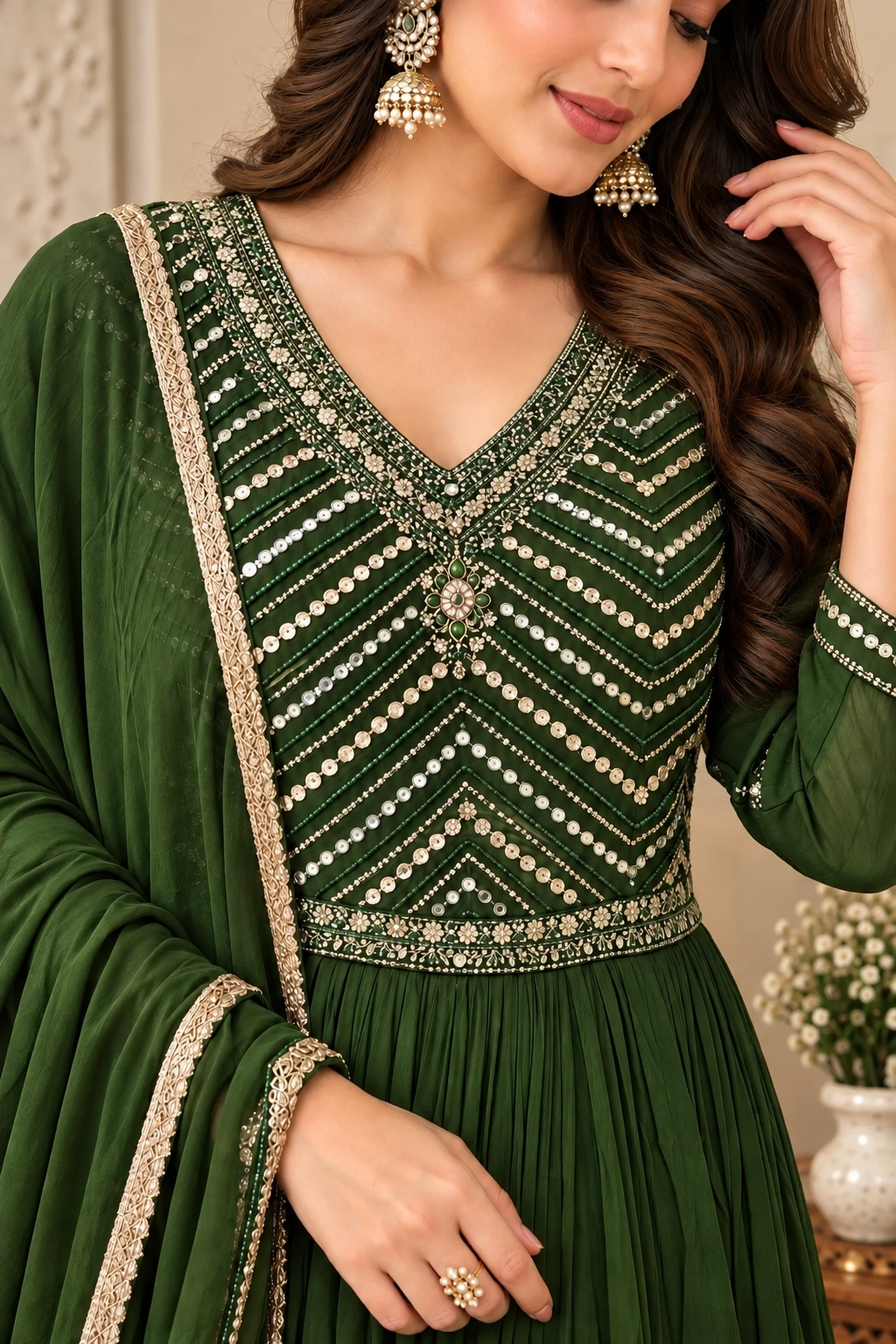 Dark Green Embroidered Anarkali Suit Set