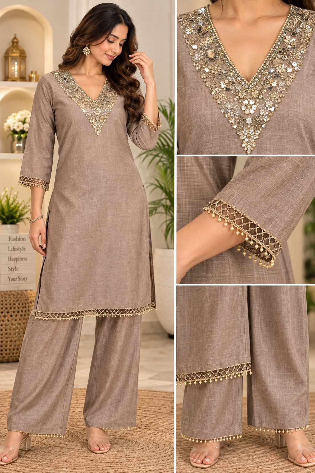 Taupe grey straight kurta with embroidered V-neck and sleeve border detailing