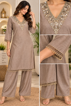 Taupe grey straight kurta with embroidered V-neck and sleeve border detailing