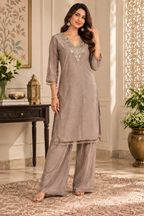 Taupe grey embroidered kurta pant co-ord set with lace neckline