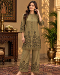 Olive green floral printed kurta pant set for women