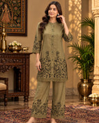 Olive green floral printed kurta pant set for women