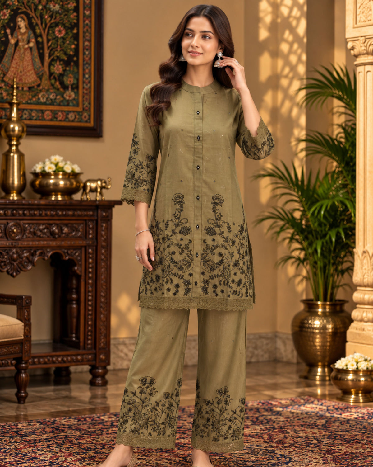 Olive green floral printed kurta pant set for women