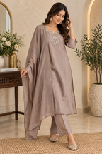 Taupe straight kurta with embroidered neckline and delicate motif detailing