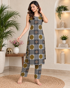 Beige straight kurta with olive green circular and traditional motifs