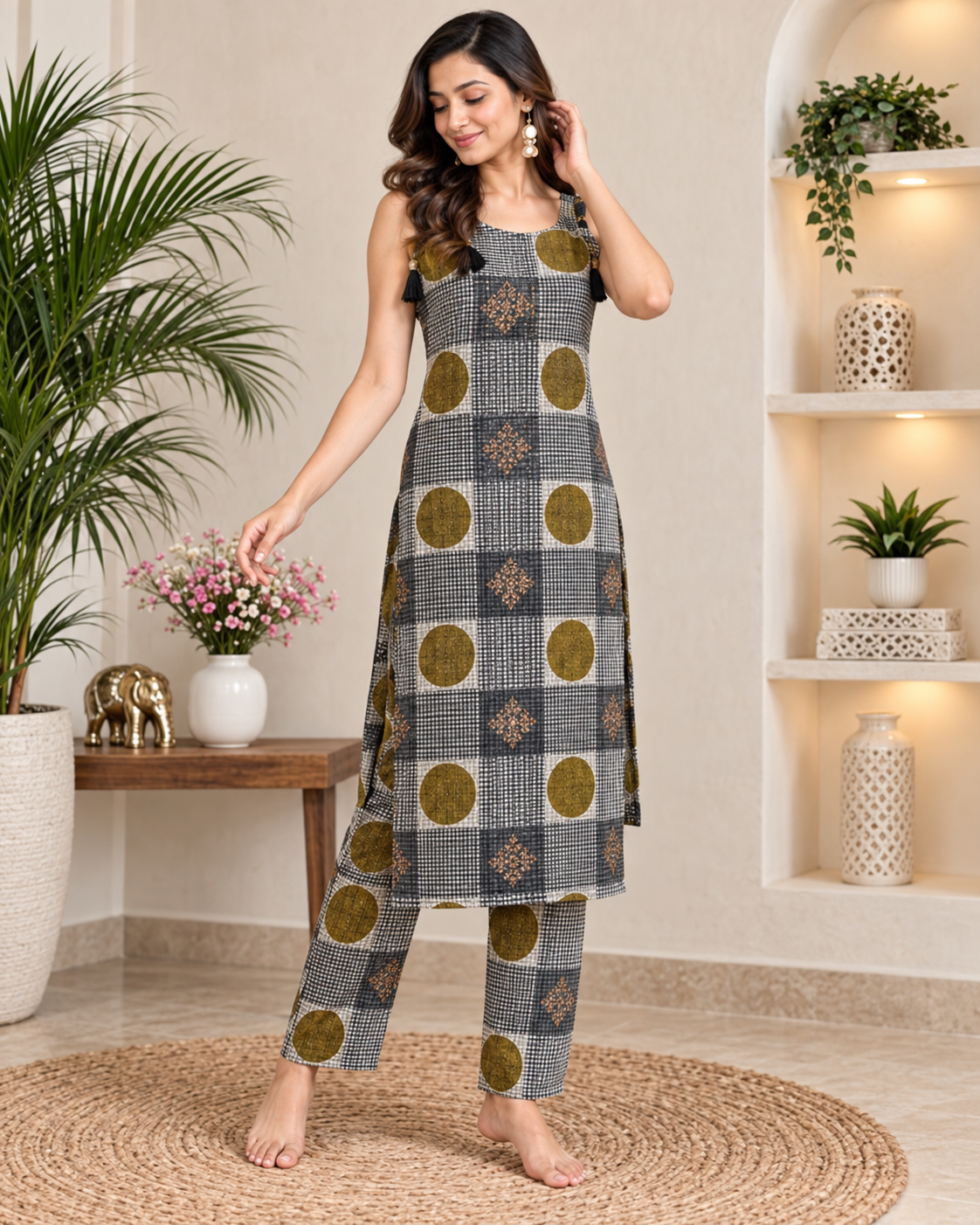 Beige straight kurta with olive green circular and traditional motifs