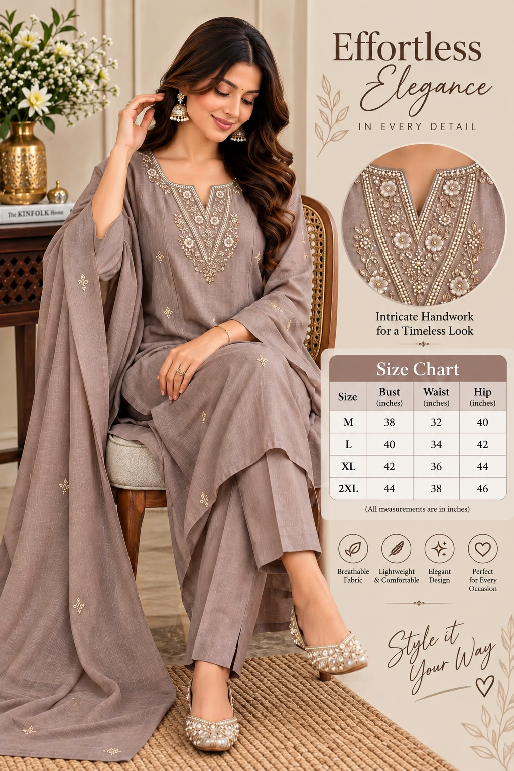 Taupe ethnic 3-piece kurta set with embroidered kurta and bordered dupatta