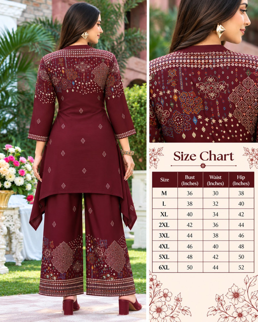 Purple, Brown, Black & Maroon Printed High-Low Kurta Palazzo Set for Women