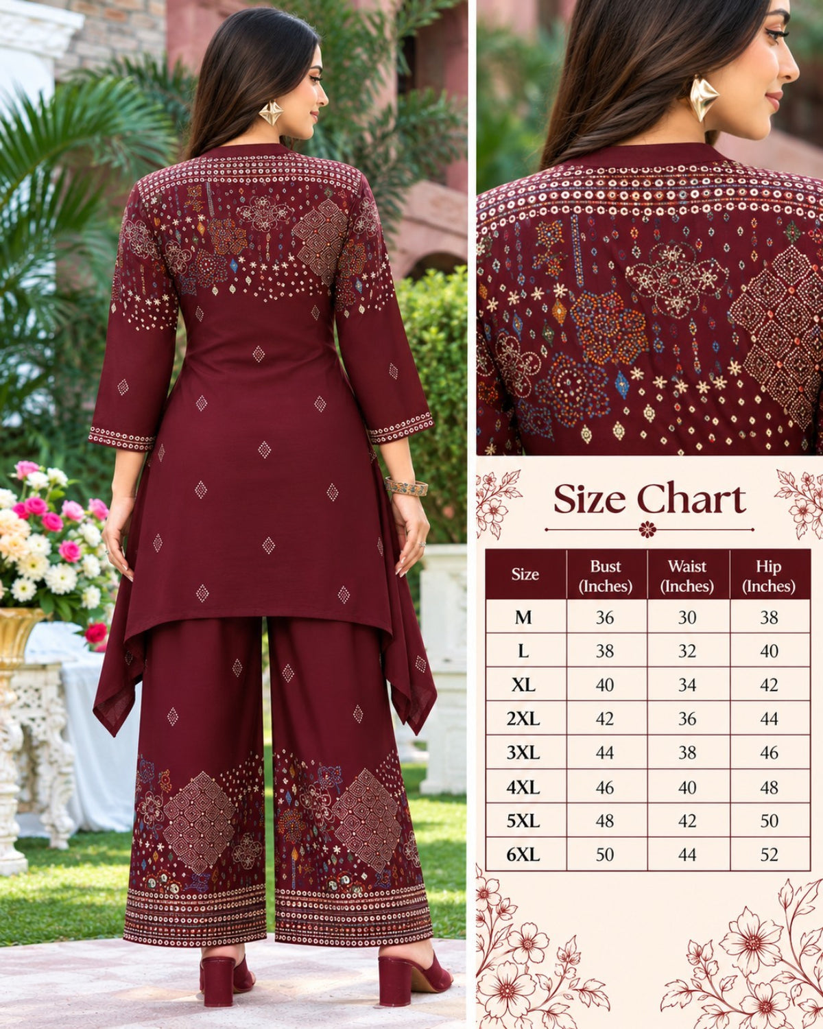 Purple, Brown, Black & Maroon Printed High-Low Kurta Palazzo Set for Women