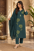 Teal green embroidered kurta dupatta set with floral detailing