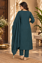 Teal green straight kurta with olive-gold floral embroidery