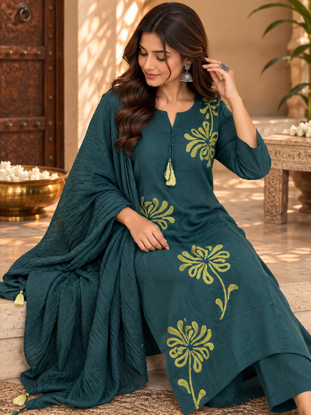 Teal green embroidered kurta dupatta set for festive occasions