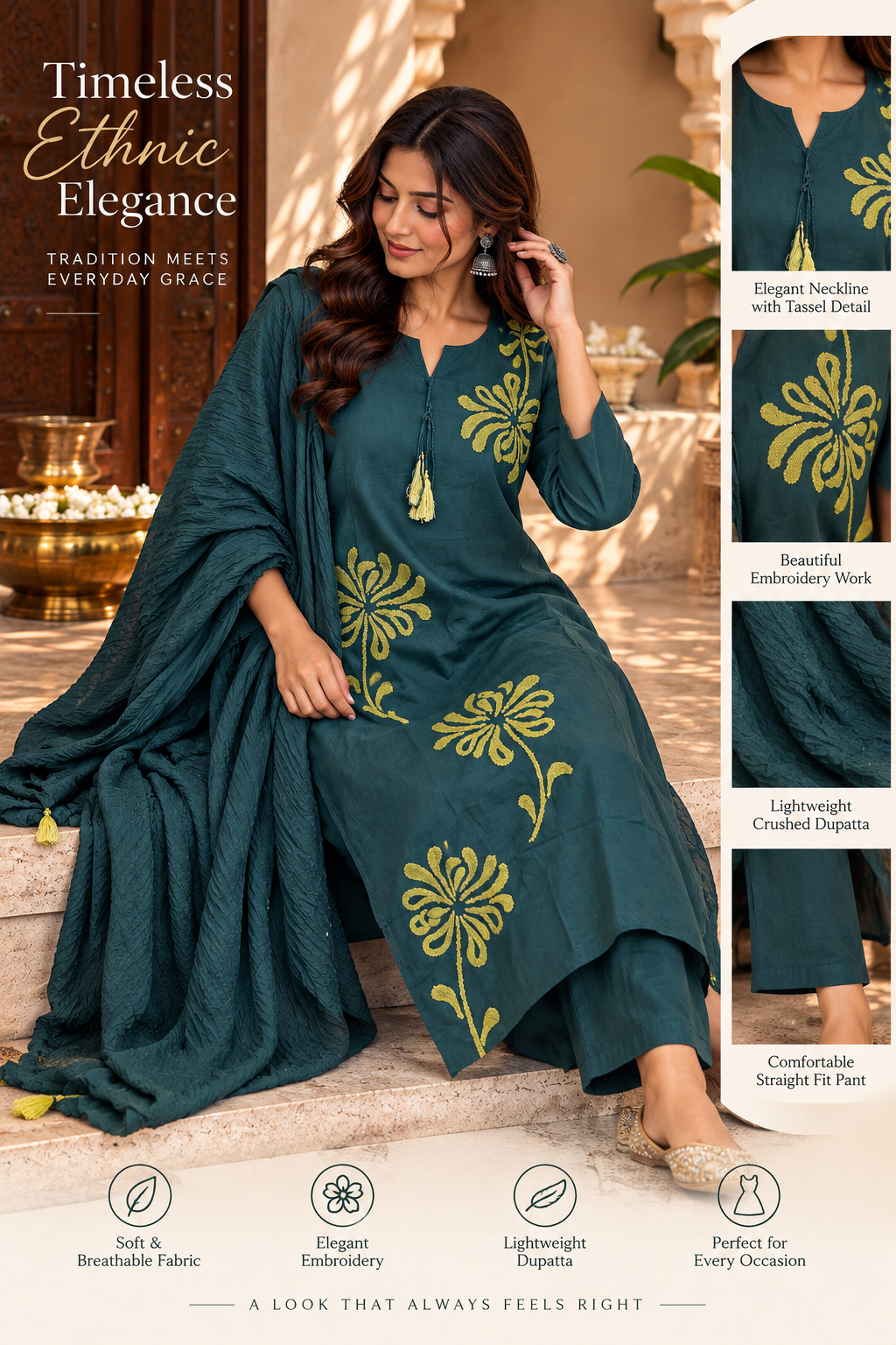 Teal green ethnic kurta with floral embroidery and tassel detailing