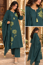 Teal green embroidered kurta with matching textured dupatta