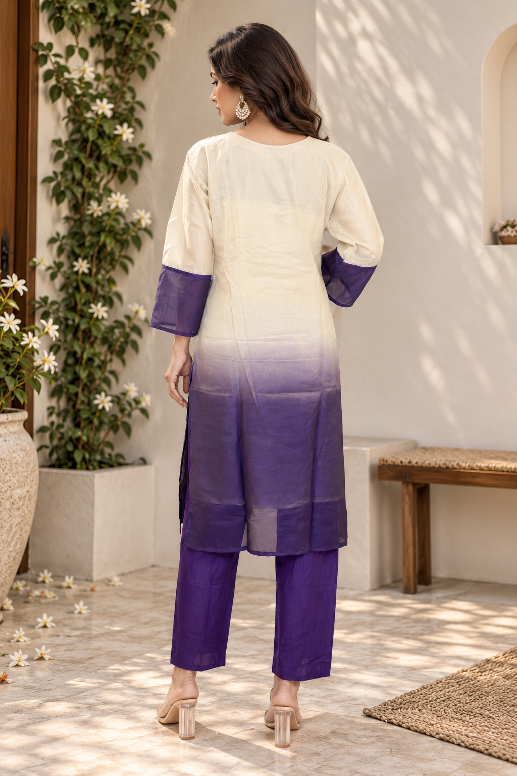 Cream and purple straight kurta with embroidered V-neck detailing