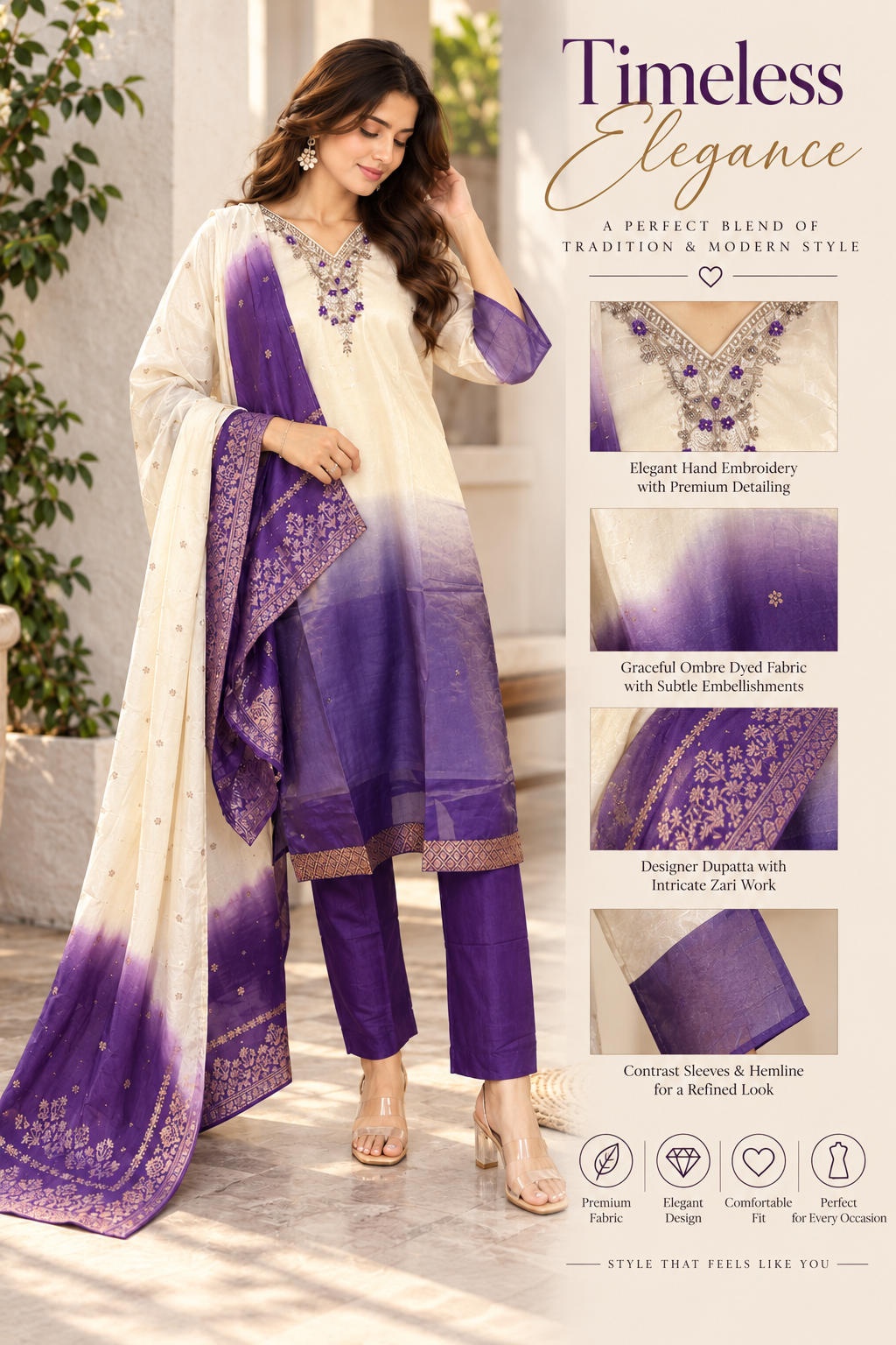 Cream and purple ombre kurta with solid purple straight-fit pants