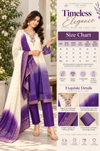 Cream purple ethnic suit with embroidered kurta, pants and ombre dupatta