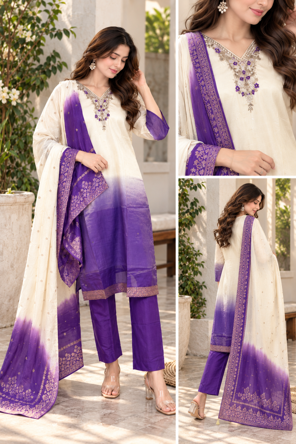 Cream and purple ombre kurta with solid purple straight-fit pants
