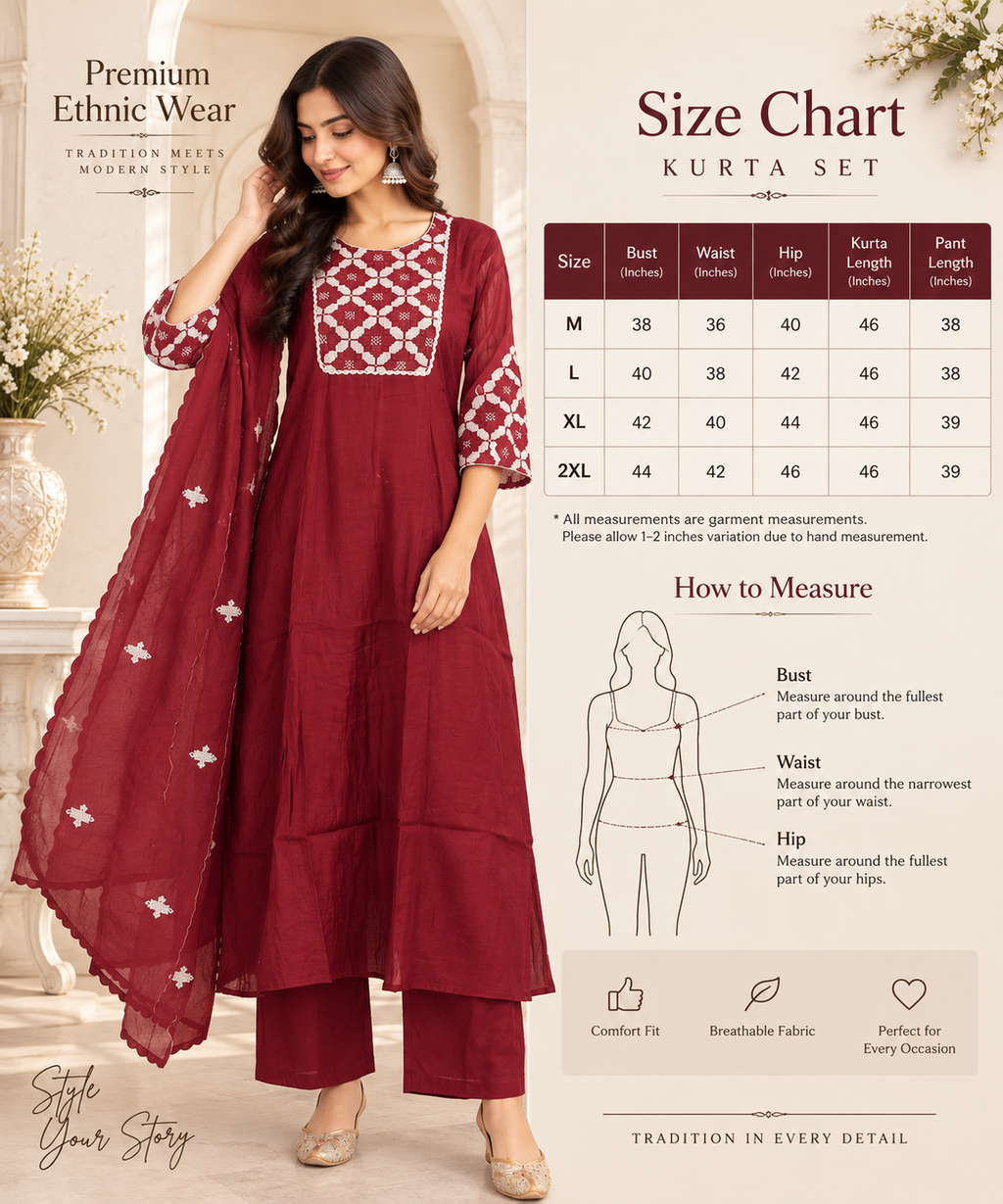 Maroon embroidered suit set with cream detailing and sheer dupatta