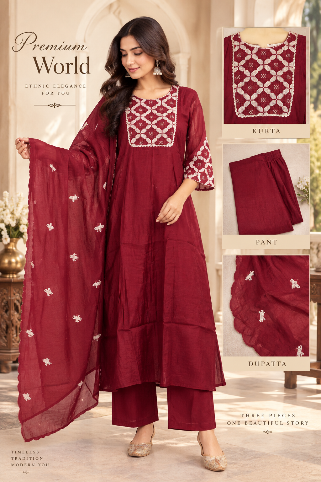 Maroon Embroidered 3-Piece Suit Set