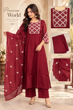 Maroon Embroidered 3-Piece Suit Set