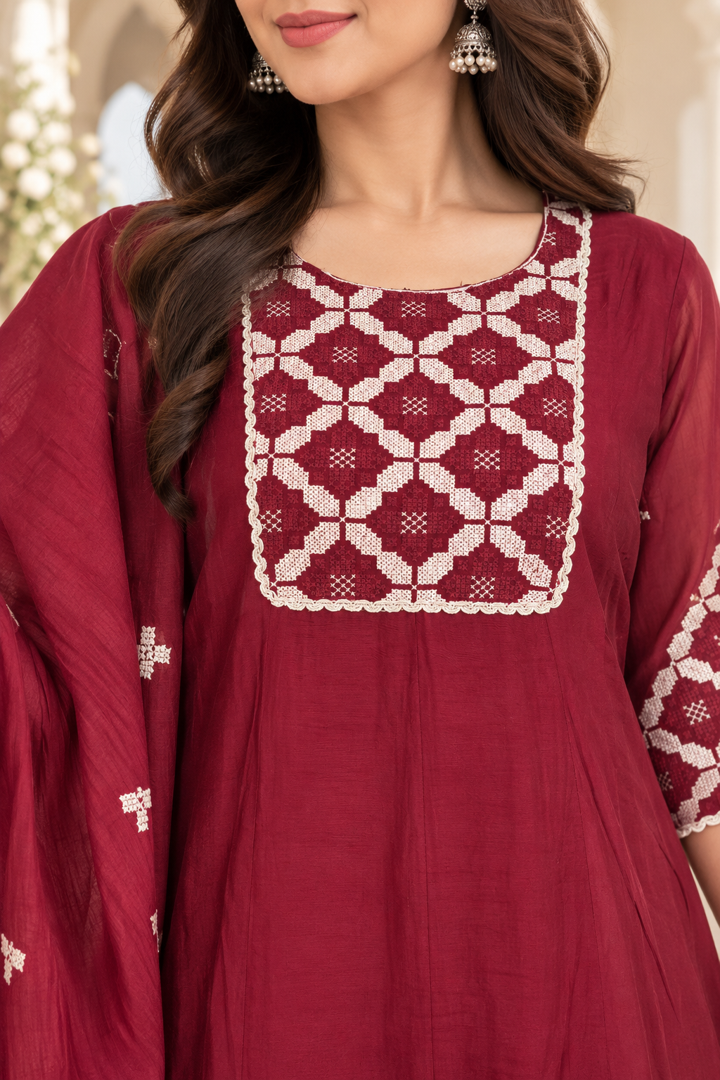 Maroon embroidered kurta with matching straight-fit pants