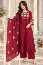 Maroon 3-piece suit set with sheer dupatta and scalloped border