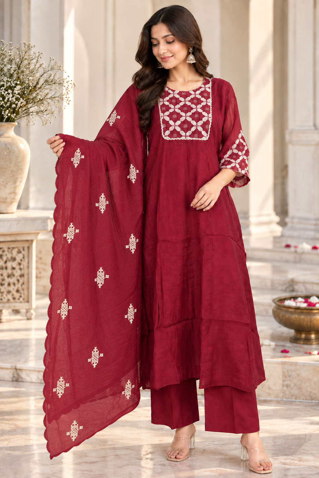 Maroon 3-piece suit set with sheer dupatta and scalloped border