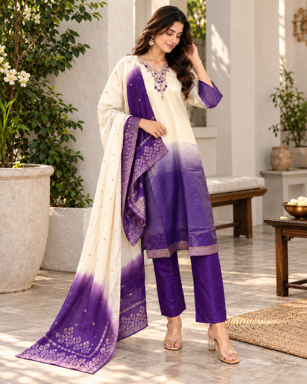 Cream and purple ombre embroidered 3-piece suit set