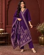 Purple ethnic kurta with V-neck and floral geometric printed detailing