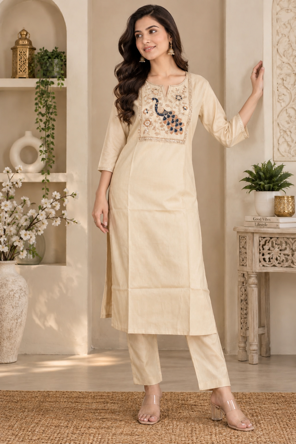 Cream embroidered kurta with matching straight pants and pink bordered dupatta