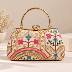 Multicolor Floral Embroidered Frame Clutch Bag with Gold Handle for Women