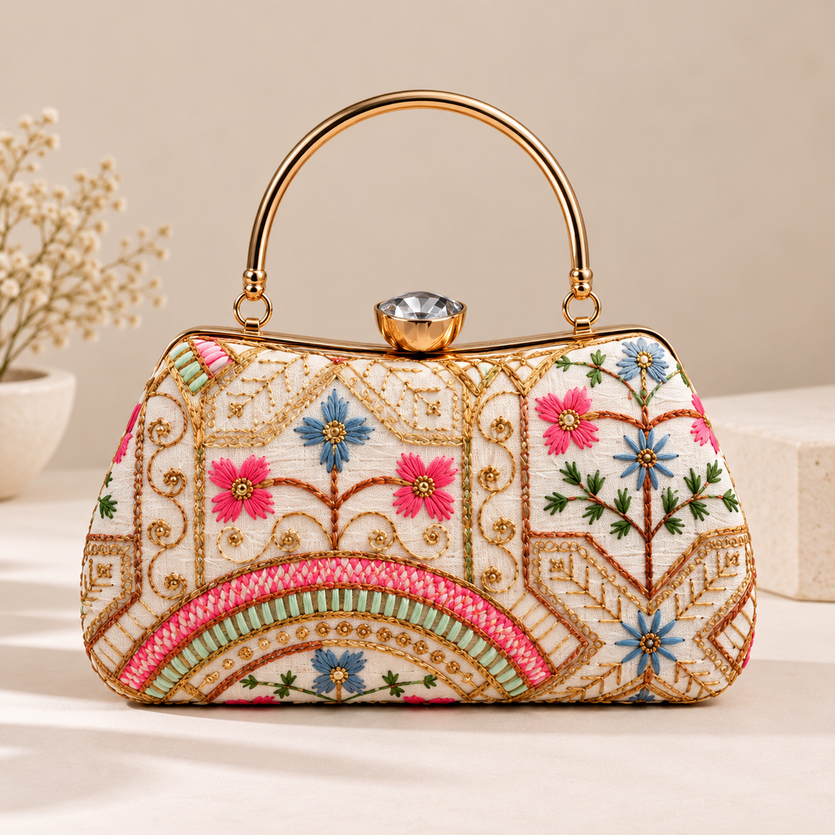 Multicolor Floral Embroidered Frame Clutch Bag with Gold Handle for Women