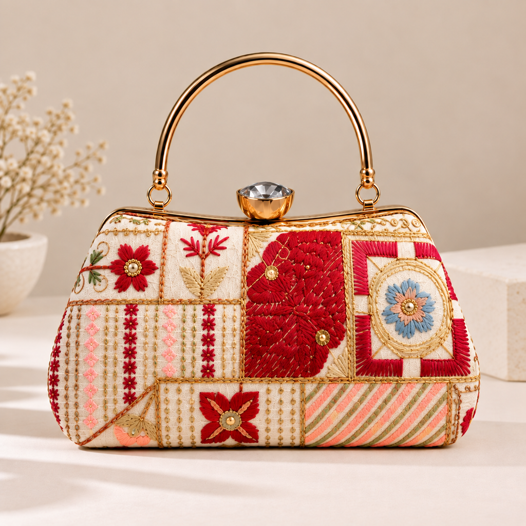Multicolor Floral Embroidered Frame Clutch Bag with Gold Handle for Women