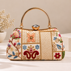 Multicolor Floral Embroidered Frame Clutch Bag with Gold Handle for Women
