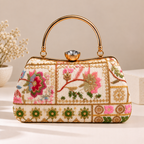 Multicolor Floral Embroidered Frame Clutch Bag with Gold Handle for Women