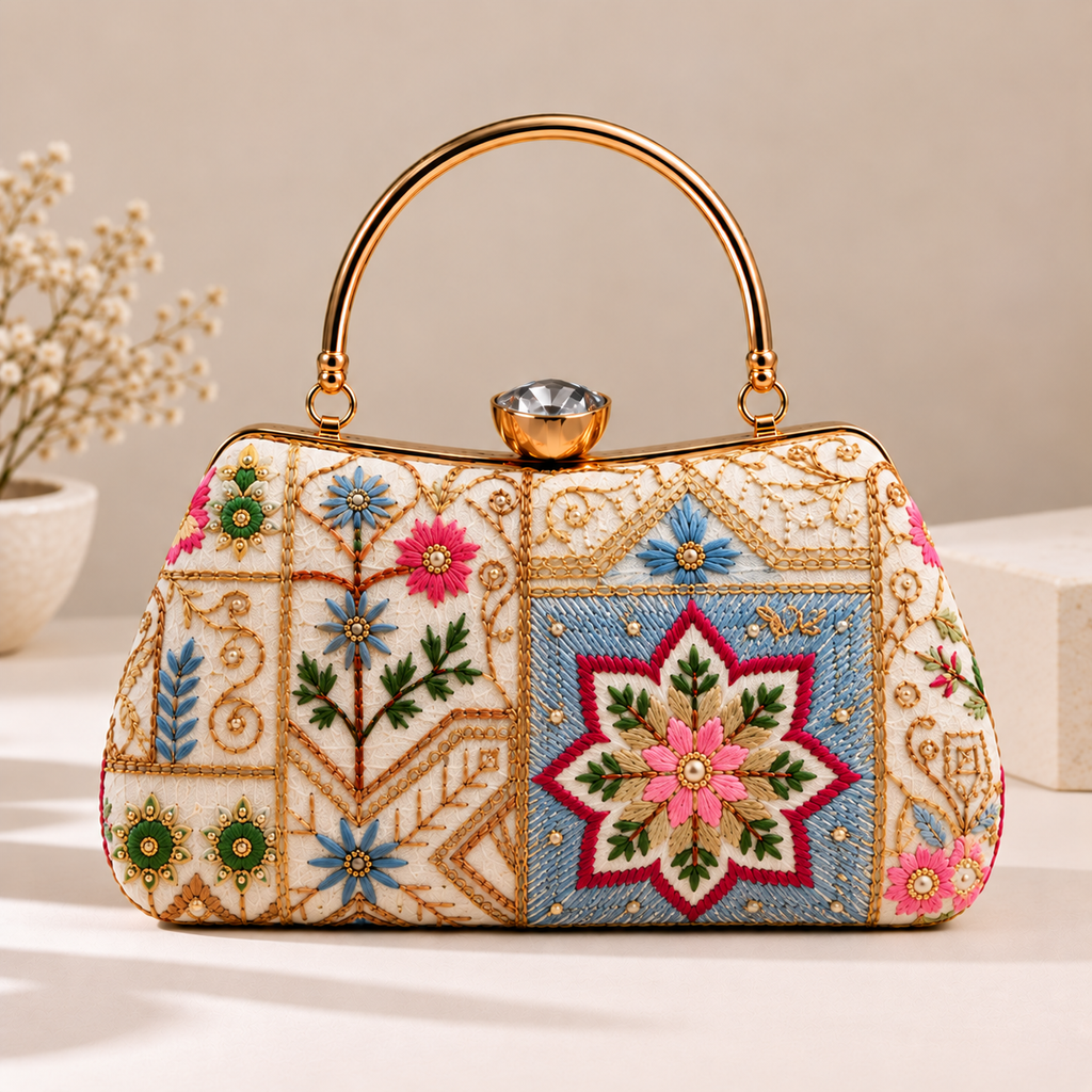 Multicolor Floral Embroidered Frame Clutch Bag with Gold Handle for Women