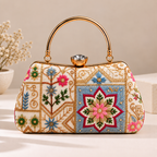 Multicolor Floral Embroidered Frame Clutch Bag with Gold Handle for Women