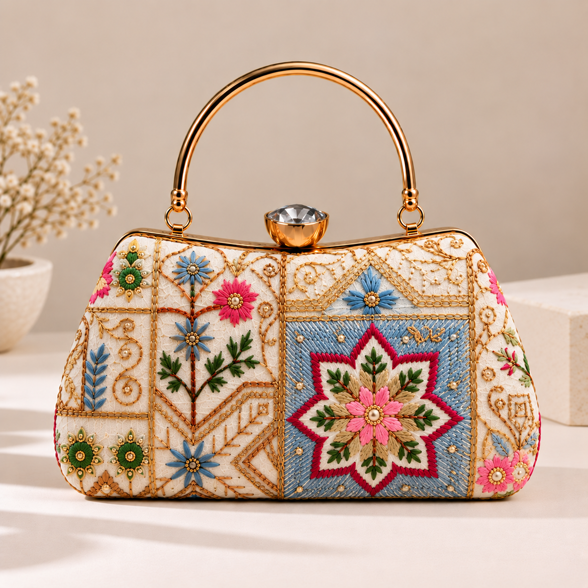 Multicolor Floral Embroidered Frame Clutch Bag with Gold Handle for Women
