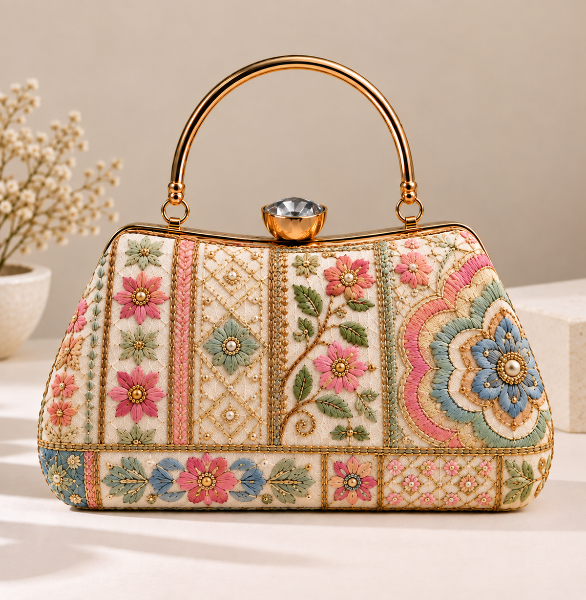Multicolor Floral Embroidered Frame Clutch Bag with Gold Handle for Women